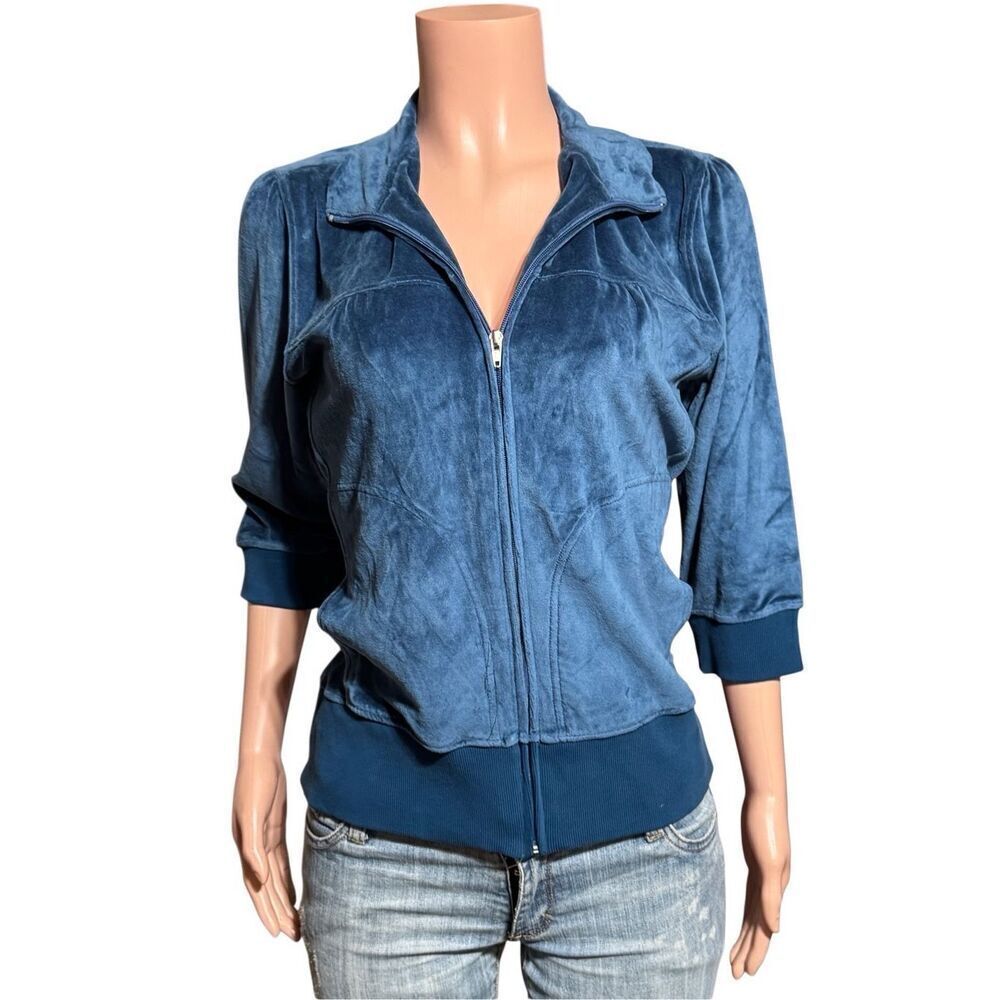Pulp 3/4 sleeve velour blue full zip shirt M